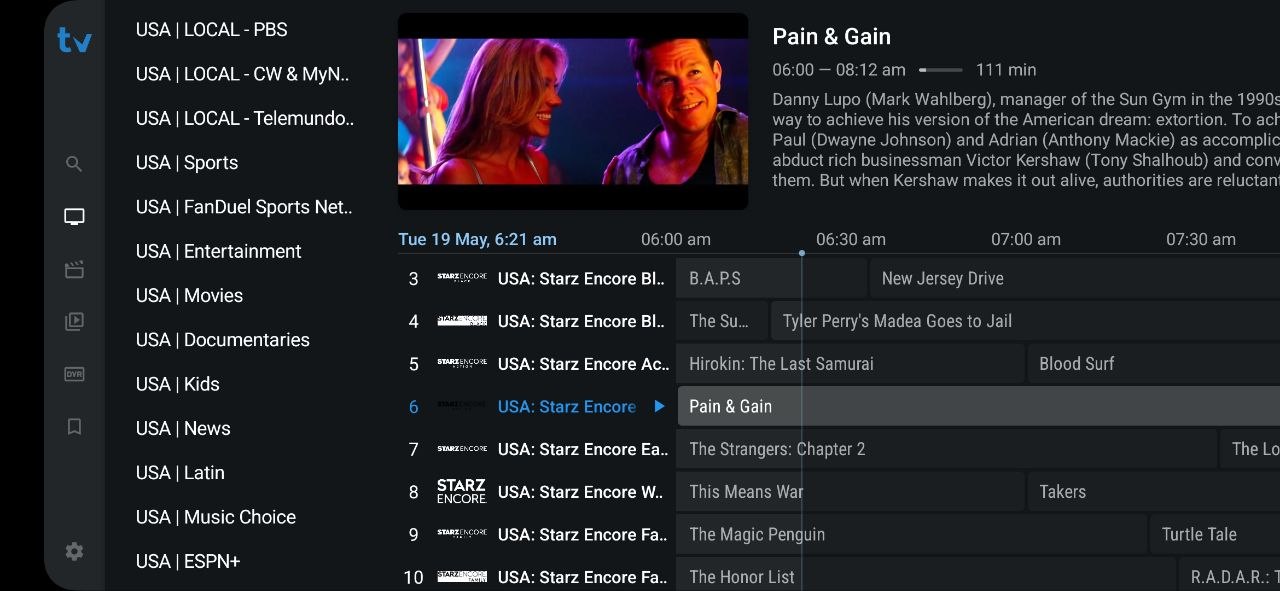 BexyTV IPTV free trial 2026 — Starz Encore movies channel guide showing Pain & Gain Godzilla Madea available during trial