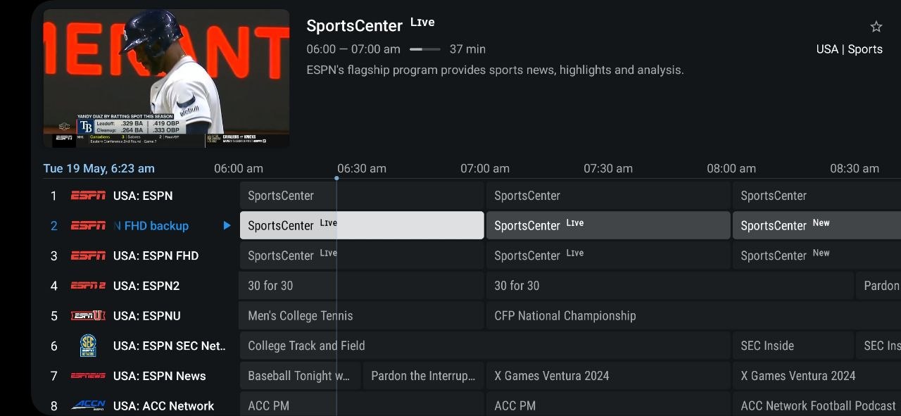 BexyTV IPTV app ESPN sports channels EPG guide 2026 — ESPN FHD ESPN2 ESPNU SEC Network live sports streaming